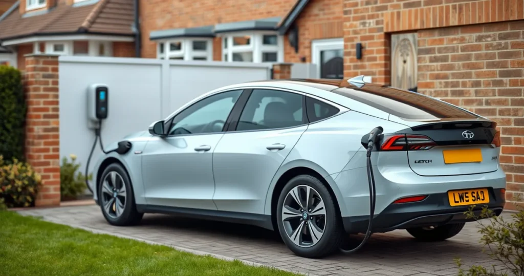 Modern EV charging station mounted on a UK garage wall with a connected vehicle