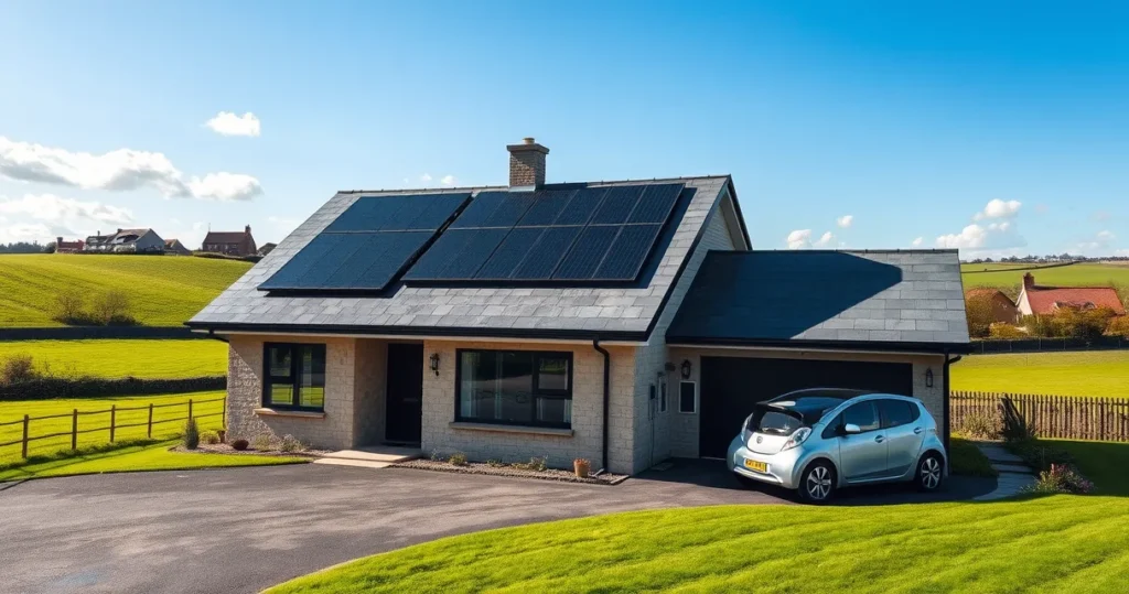 Solar panels on a UK home with an electric vehicle charging nearby