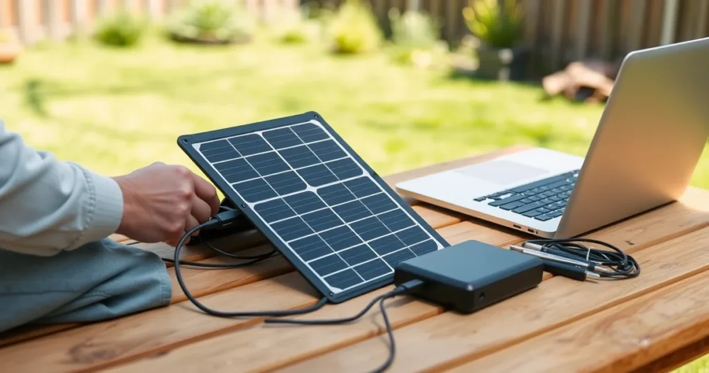 UK homeowner connecting a portable solar panel to a power bank in a sunny garden