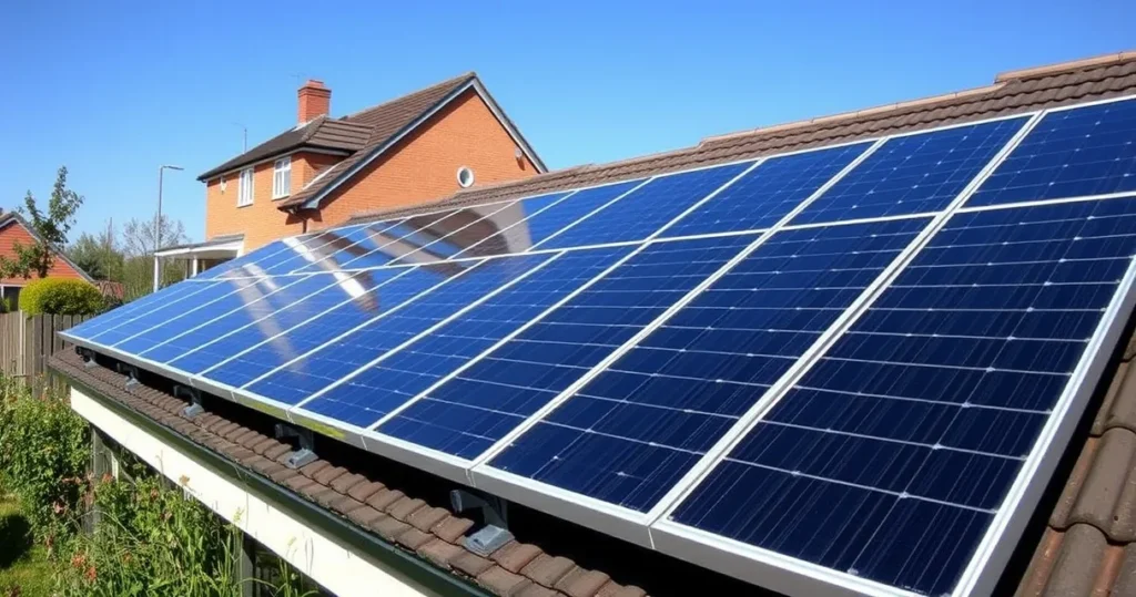 Modern solar panels installed on a UK residential roof with clear skies